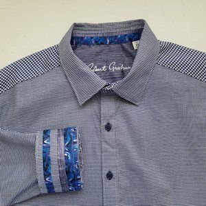 Robert Graham Mens Blue Plaid Button Front Classic Fit Shirt Fip Cuff Size XL